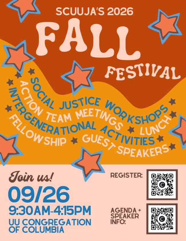 Poster for SCUUJA Fall Festival 2026 - Sept 26 9:30AM - 4:15PM UU Congregation of Columbia SC